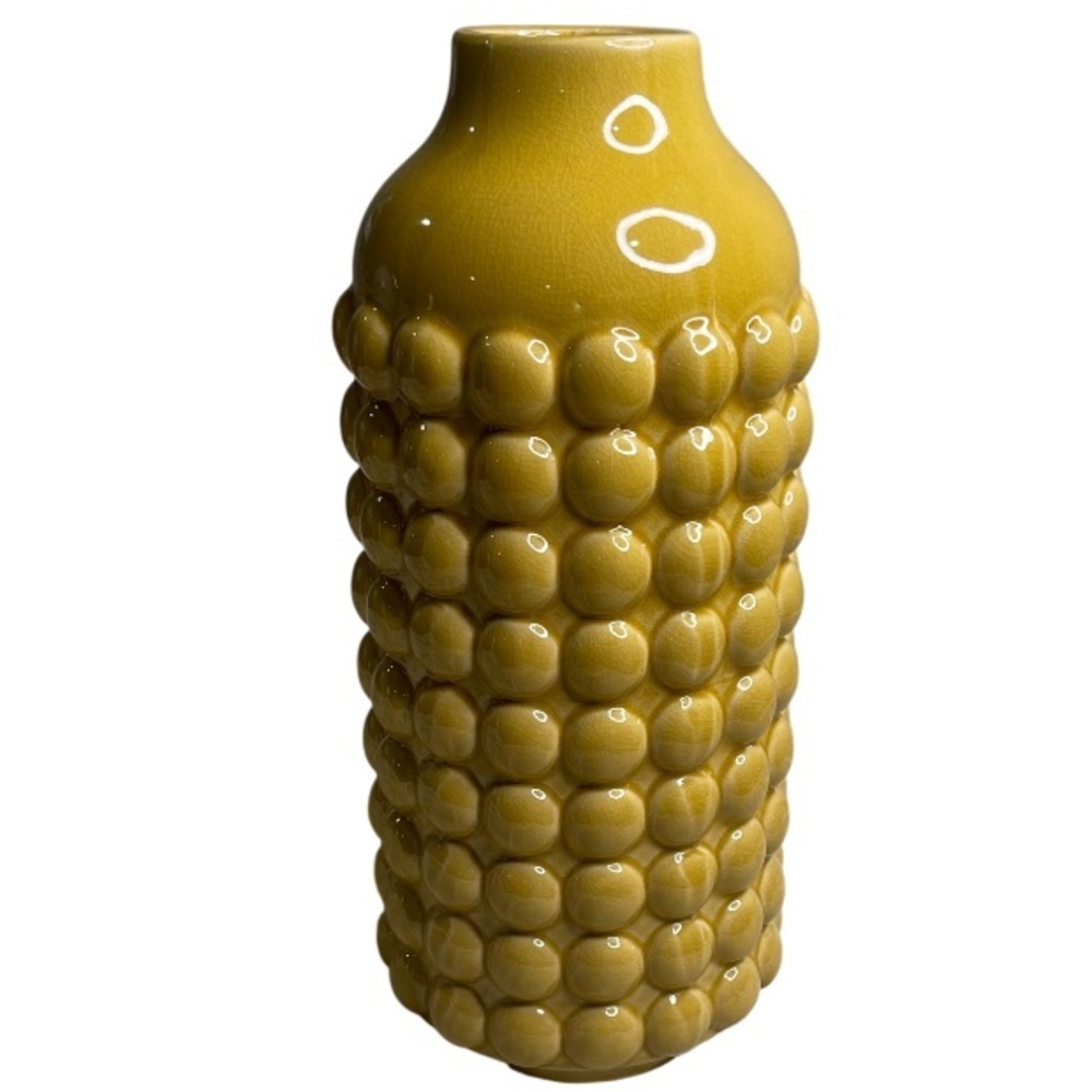 Large Hobnail Textured Ceramic Vase Mustard Yellow Crackled Glaze